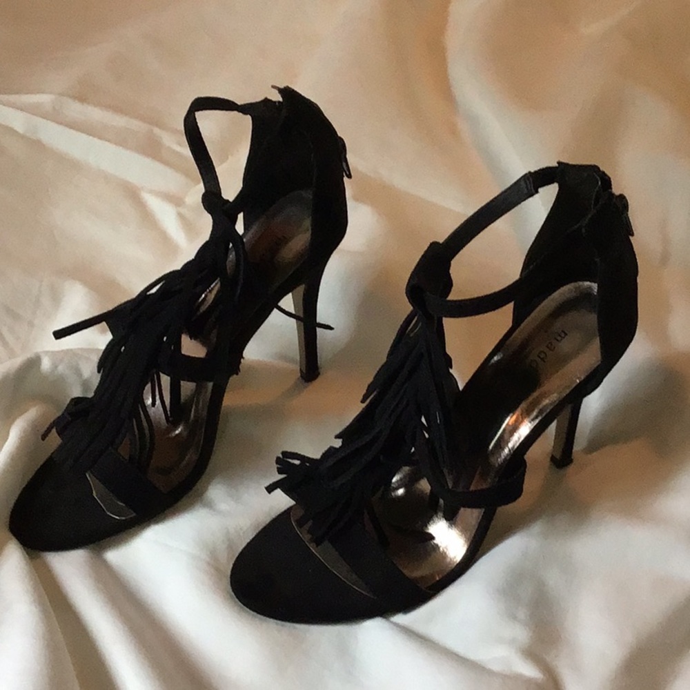 Black fringe heels